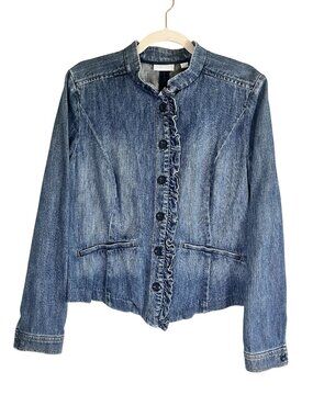 Retro Western Denim Ruffle Jean Jacket Blue L Rodeo Cowgirl Boho Indie Classic